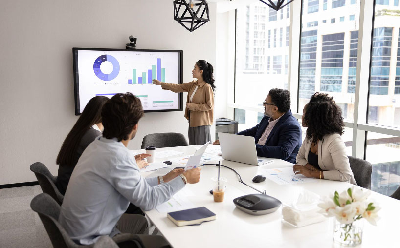 Team reviewing retail sales dashboards on a boardroom screen
