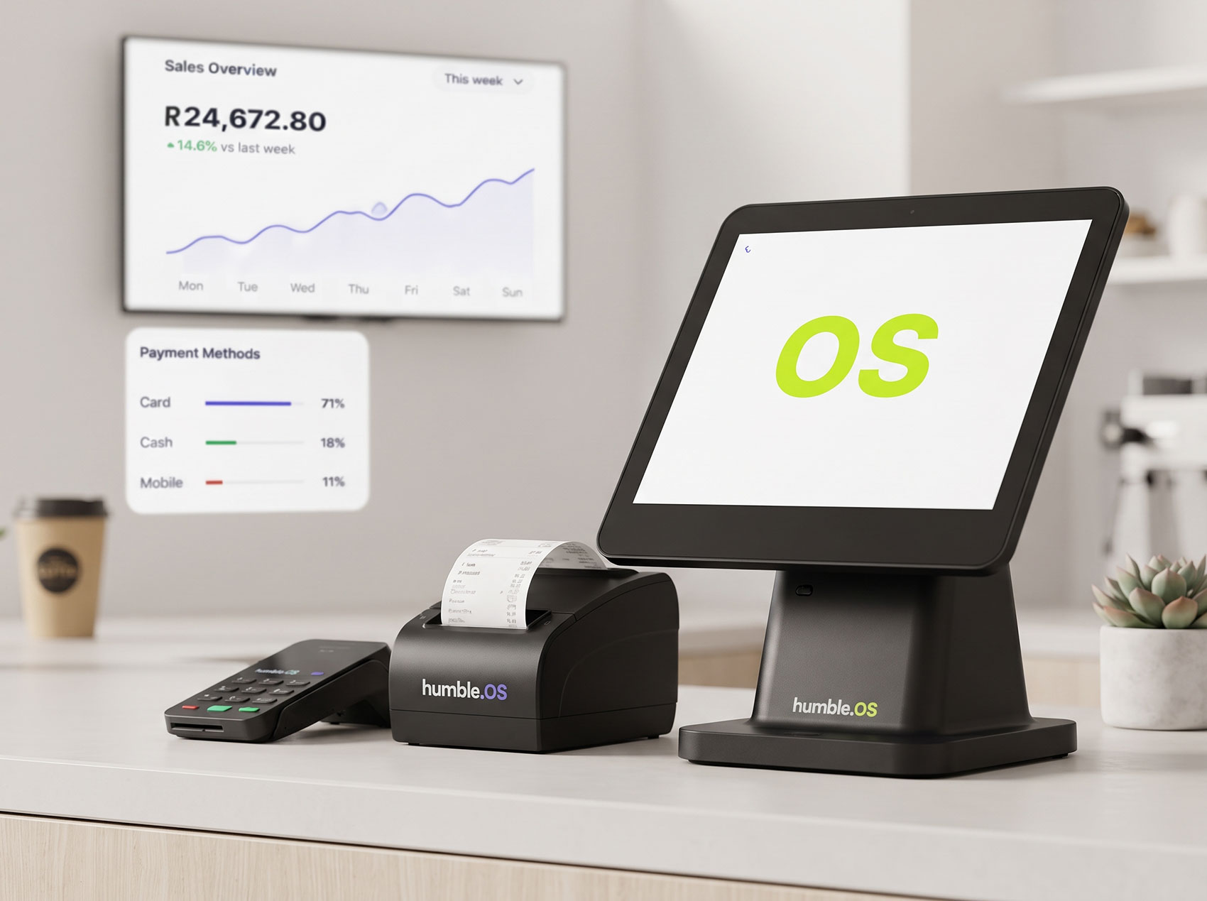 humble.OS point-of-sale terminal, receipt printer and card machine on a retail counter with sales overview dashboard