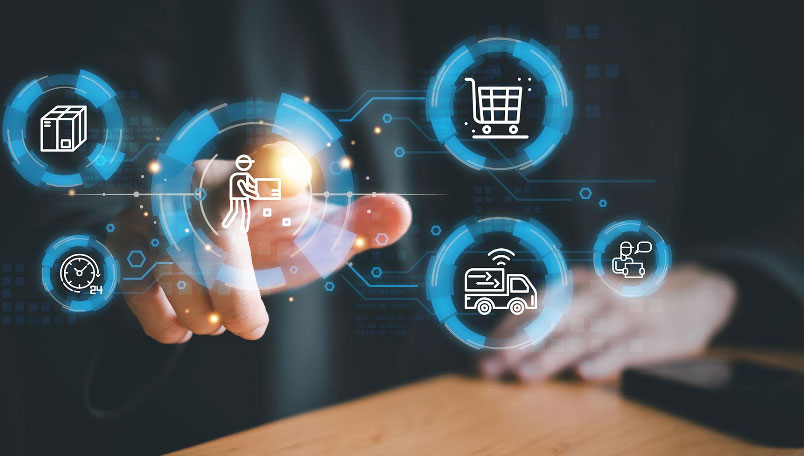Digital supply chain and inventory icons above a counter